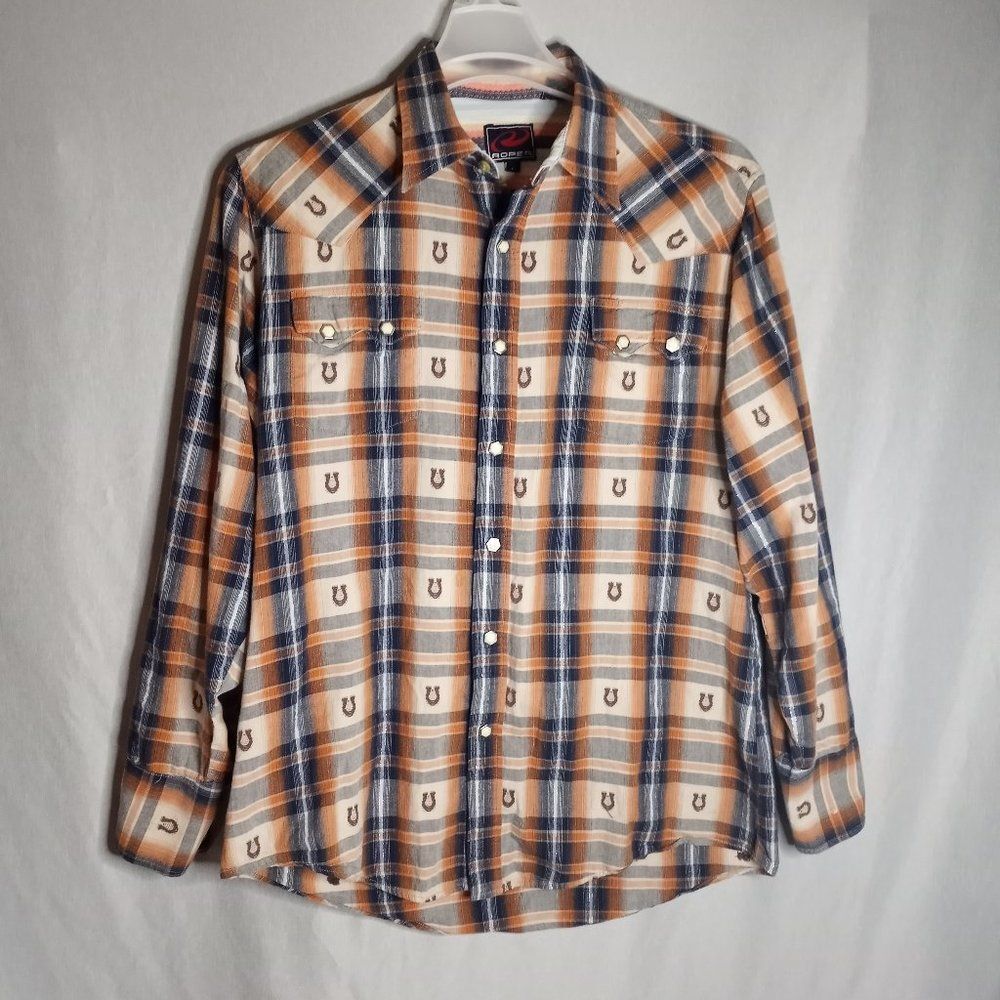 Roper Men's Horseshoe Print Pearl Snap Button Long Sleeve Multi Color Shirt L